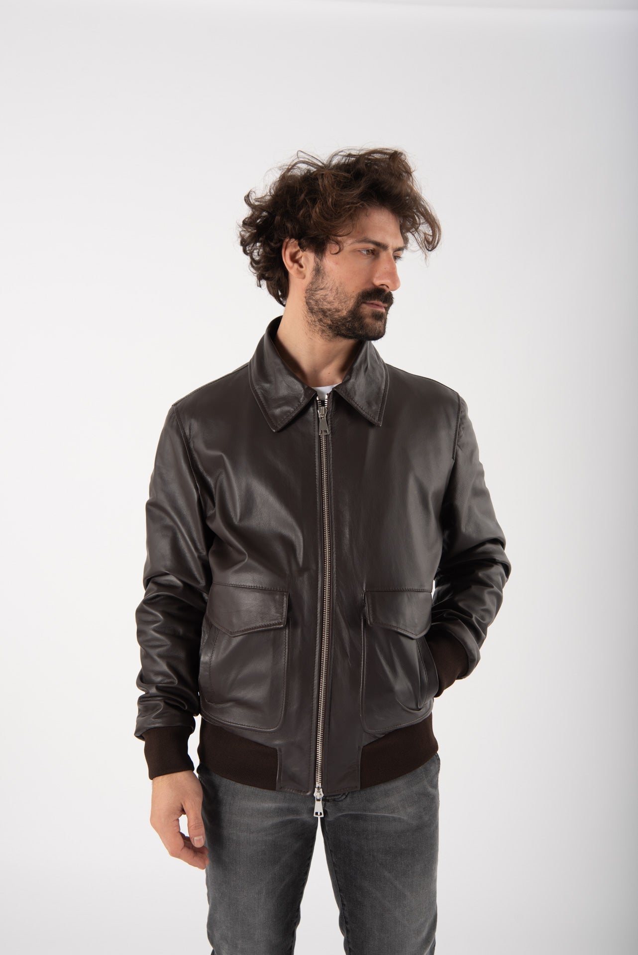 GIUBBINO IN PELLE CON COLLO CAMICIA MARRONE